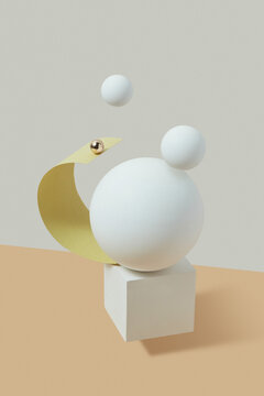 Floating abstract balanced geometric shapes.