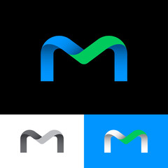 M monogram. M origami logo. W letter like bent silk ribbon on a different backgrounds. Logo can be used for business, web, network, clothes, sport. 