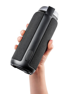 Boy's Hand Holds Portable Wireless Speaker Isolated