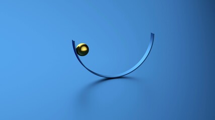 Balancing silver ball on metal curve strip.