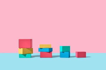 Multicolored painted wooden model blocks.