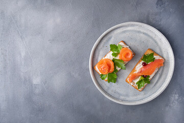 Top view of crispy crackers with salmon and curd cheese on a plate. Text space