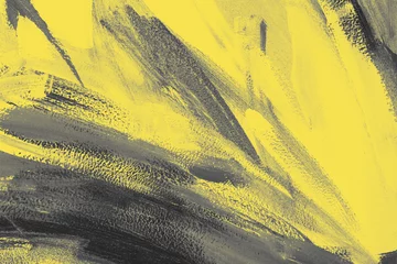 Trendiger gelber und grauer abstrakter Kunstfarbtexturhintergrund mit Spuren, Pinselstrichen und Farbflecken. Jahresfarbkonzept © Aleksandra Konoplya