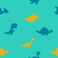 Seamless pattern with colored silhouettes of dinosaurs on a blue background. Vector illustration