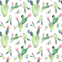 Watercolor illustration. Seamless pattern on a white background with cacti