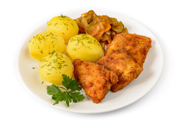 ryba smażona z ziemniakami i sałatką