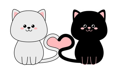 Cute cats and love isolated on a white background. Flat design for poster or t-shirt. Vector illustration