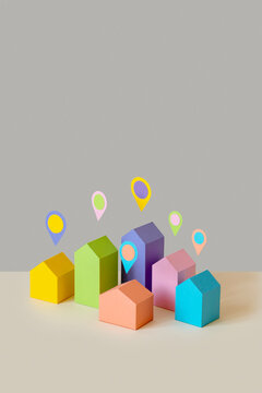 Handcraft houses with location signs.