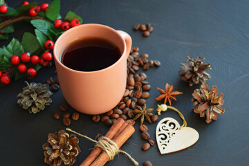 Fresh aromatic coffee.Christmas toys and cones.Happy new year holidays.