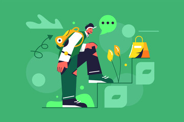 Young guy with backpack climbs the stairs to the top isolated on green background, flat vector illustration