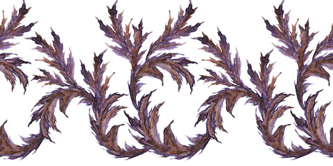 Watercolor seamless  borders with stylized twigs, flowers and leaves of the Thistle plant