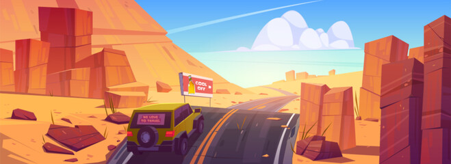 Car driving road in desert or canyon, jeep riding asphalt highway travel route with ad billboard and rocks around. Roadway landscape with skyline, rocky barren wasteland, Cartoon vector illustration