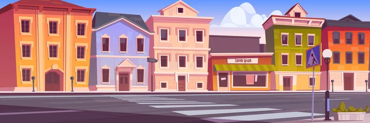 Kussenhoes City street with houses, empty car road and pedestrian crosswalk. Vector cartoon background with cityscape, urban landscape with residential buildings, office and shops © klyaksun