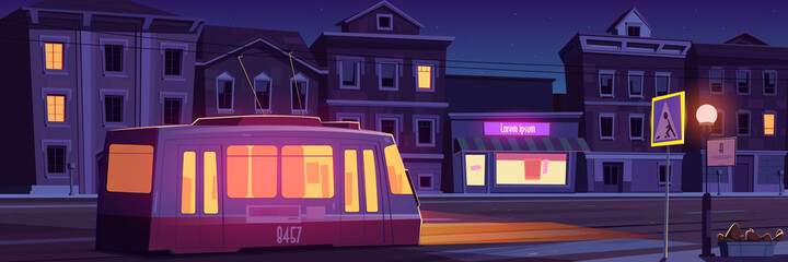 City street with houses, tram and empty car road with pedestrian crosswalk at night. Vector cartoon cityscape with tramway, urban landscape with residential buildings, store and railway on road