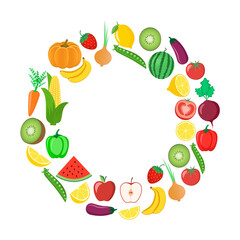 Vegetables and fruits. Watermelon, pumpkin, carrot, tomato, apple, onion, eggplant, banana, strawberry, beet, pepper, corn, peas, kiwi, lemon Vector illustration.
