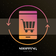 shopping cart with arrow in smartphone line style icon