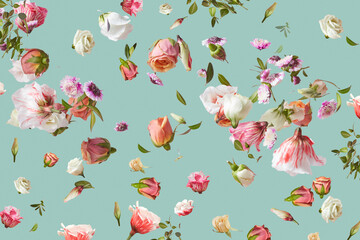 Holiday card from fresh flying color flowers.