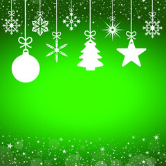 Naklejka na ściany i meble Vector - Christmas greeting card with a Christmas ornaments in white on a green background - copy space
