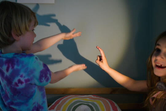 Siblings Playing with Shadow Shapes on the Wall
