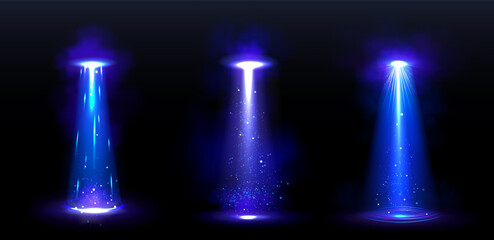 Ufo light beams, glowing rays from alien spaceships at night. Vector realistic set of spotlight effect of flying saucer illuminated fog and particles. Spacecraft glow beams on black background - obrazy, fototapety, plakaty