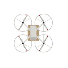 Drone delivery. Quadcopter carrying a package to customer. Delivery of a cardboard box drone by air isolated on white background. View from above