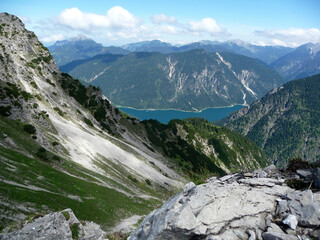Fototapeta na wymiar Mountain hiking through Ammergau Alps, Tyrol, Austria