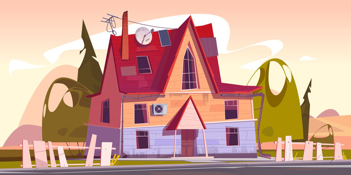 Old house, decrepit residential suburban cottage with rickety fence and satellite antenna on roof. Real estate countryside building exterior, two storey dwelling place. Cartoon vector illustration