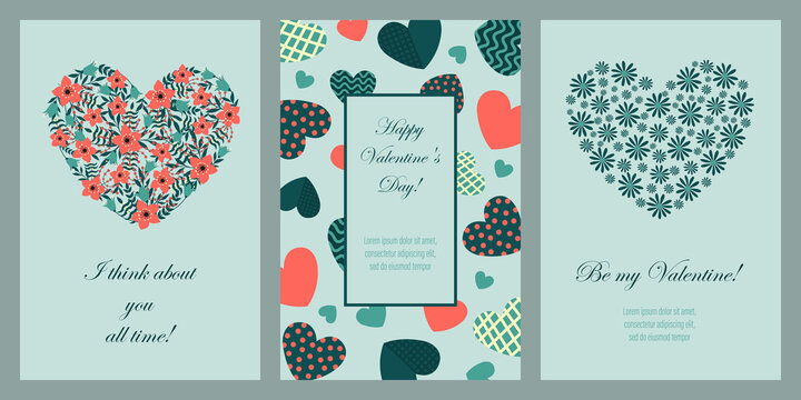 Set of greeting cards with the image of different hearts. Valentine's Day. Template for postcards, flyers, banners.