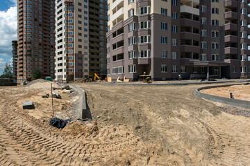 Road construction, courtyard area. Construction site. production of apartments, social housing.