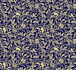 Seamless blue background with beige pattern in baroque style. Vector retro illustration. Ideal for printing on fabric or paper for wallpapers, textile, wrapping.