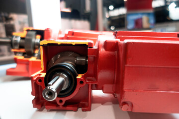 Gear motor in section. Metal gears and shaft
