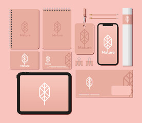 notebooks and bundle of mockup set elements in pink background