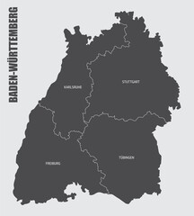 The Baden-Wurttemberg isolated map divided in regions with labels, Germany