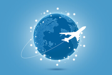 Airplane flying around world on light blue background, illustration