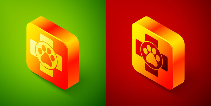 Isometric Veterinary clinic symbol icon isolated on green and red background. Cross hospital sign. A stylized paw print dog or cat. Pet First Aid sign. Square button. Vector.