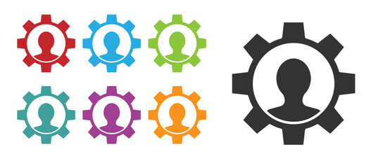 Black Human with gear icon isolated on white background. Artificial intelligence. Thinking brain sign. Symbol work of brain. Set icons colorful. Vector.