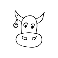 Hand drawn doodle style new year bull in vector. Isolated illustration on white background. For graphic and web design