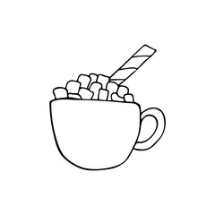 Hand drawn doodle style cup of cocoa and marshmallows in vector. Isolated illustration on white background. For graphic and web design