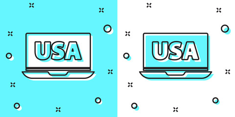 Black line USA United states of america on laptop icon isolated on green and white background. Random dynamic shapes. Vector.