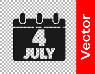 Black Day calendar with date July 4 icon isolated on transparent background. USA Independence Day. 4th of July. Vector.