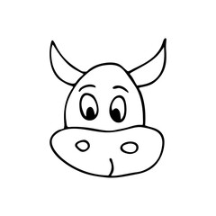 Hand drawn doodle style new year bull in vector. Isolated illustration on white background. For graphic and web design