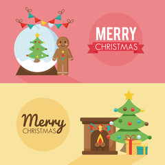happy merry christmas pines trees with sphere snowy and chimney flat style icons