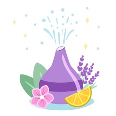 Decorative ultrasonic home diffuser and lavender flowers for meditation and freshness at home and aromatherapy Concept of a home spa and wellness space flat editable vector illustration