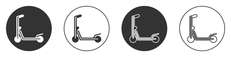 Black Roller scooter for children icon isolated on white background. Kick scooter or balance bike. Circle button. Vector.
