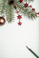 Fototapeta na wymiar empty notebook page and fir branch New Year goals