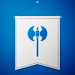 Blue Medieval axe icon isolated on blue background. Battle axe, executioner axe. Medieval weapon. White pennant template. Vector.