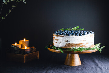 Chocolate layer cake with fresh blueberry decorated rosemary branch on a wooden tray in a dark interior.