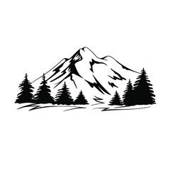 Mountain and landscape vector with fir trees. Black and white illustration