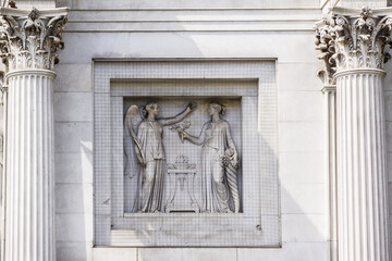 View of Marble Arch - white marble faced triumphal arch and London landmark (1827). West End, London, England.