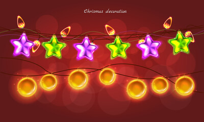 Christmas garlands, stars and balls. Merry Christmas and New Year. Vector illustration